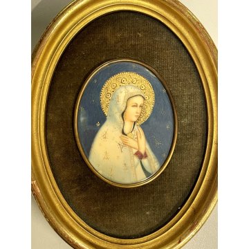 antica miniatura dipinta VERGINE MARIA sacra icona Madonna CORNICE OVALE DORATA