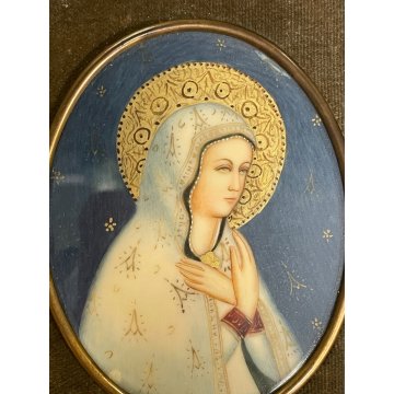 antica miniatura dipinta VERGINE MARIA sacra icona Madonna CORNICE OVALE DORATA
