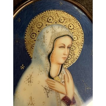 antica miniatura dipinta VERGINE MARIA sacra icona Madonna CORNICE OVALE DORATA