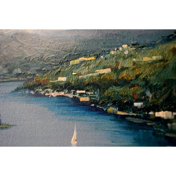  QUADRO OLIO TAVOLA Luciano Lutring VEDUTA PAESAGGIO LACUSTRE MANTAGNE LAGO 2009