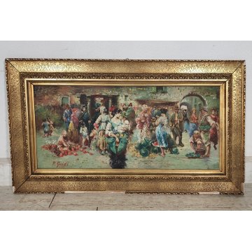 ANTICO QUADRO DIPINTO P. Guidi OLIO TAVOLA epoca XX sec PAESAGGIO Piazza Mercato