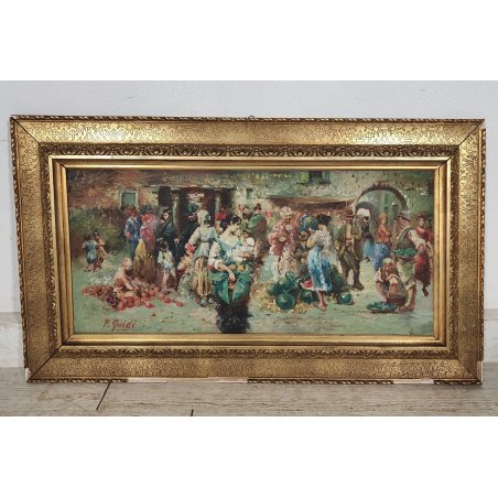 ANTICO QUADRO DIPINTO P. Guidi OLIO TAVOLA epoca XX sec PAESAGGIO Piazza Mercato