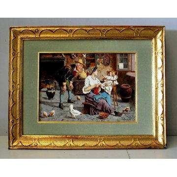 DIPINTO COPIA D'AUTORE Eugenio Zampighi SCENA DI GENERE FOCOLARE MADRE FIGLIO
