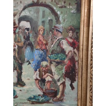 ANTICO QUADRO DIPINTO P. Guidi OLIO TAVOLA epoca XX sec PAESAGGIO Piazza Mercato