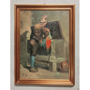 ANTICO QUADRO DIPINTO F. Pecoraro OLIO TELA RITRATTO UOMO BAULE epoca 900 CIRCO