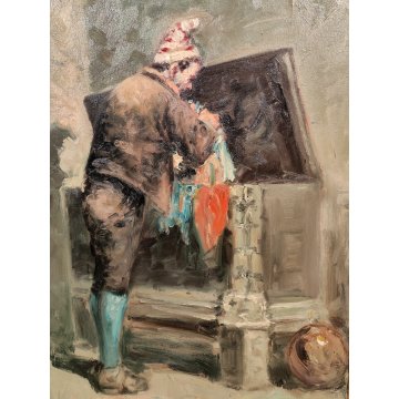 ANTICO QUADRO DIPINTO F. Pecoraro OLIO TELA RITRATTO UOMO BAULE epoca 900 CIRCO
