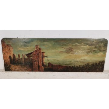 ANTICO QUADRO DIPINTO olio tavola EPOCA 1933 PAESAGGIO veduta CASTELLO MARE ALBA
