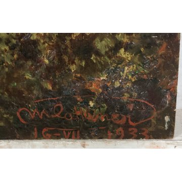 ANTICO QUADRO DIPINTO olio tavola EPOCA 1933 PAESAGGIO veduta CASTELLO MARE ALBA