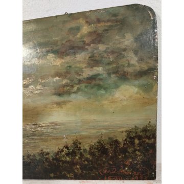 ANTICO QUADRO DIPINTO olio tavola EPOCA 1933 PAESAGGIO veduta CASTELLO MARE ALBA