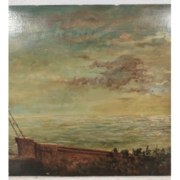 ANTICO QUADRO DIPINTO olio tavola EPOCA 1933 PAESAGGIO veduta CASTELLO MARE ALBA