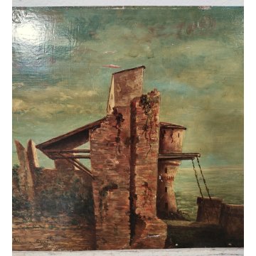 ANTICO QUADRO DIPINTO olio tavola EPOCA 1933 PAESAGGIO veduta CASTELLO MARE ALBA