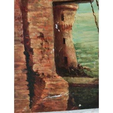 ANTICO QUADRO DIPINTO olio tavola EPOCA 1933 PAESAGGIO veduta CASTELLO MARE ALBA