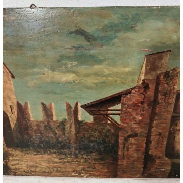 ANTICO QUADRO DIPINTO olio tavola EPOCA 1933 PAESAGGIO veduta CASTELLO MARE ALBA