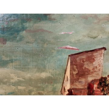 ANTICO QUADRO DIPINTO olio tavola EPOCA 1933 PAESAGGIO veduta CASTELLO MARE ALBA