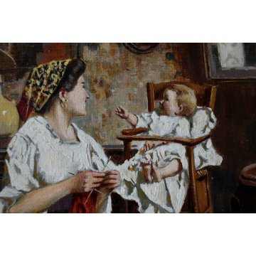 DIPINTO COPIA D'AUTORE Eugenio Zampighi SCENA DI GENERE FOCOLARE MADRE FIGLIO