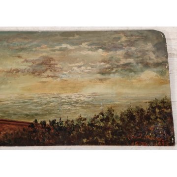 ANTICO QUADRO DIPINTO olio tavola EPOCA 1933 PAESAGGIO veduta CASTELLO MARE ALBA