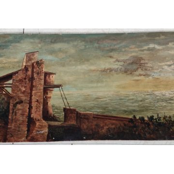 ANTICO QUADRO DIPINTO olio tavola EPOCA 1933 PAESAGGIO veduta CASTELLO MARE ALBA