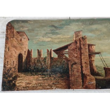 ANTICO QUADRO DIPINTO olio tavola EPOCA 1933 PAESAGGIO veduta CASTELLO MARE ALBA