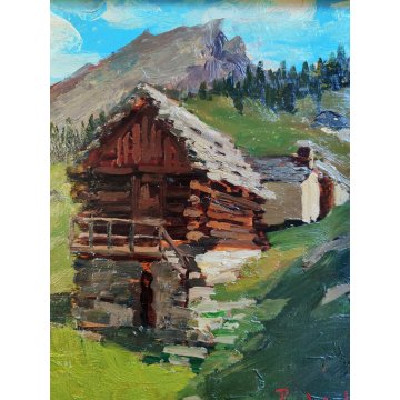 ANTICO QUADRO DIPINTO Pino Pessina Da Castanedo PAESAGGIO Alpe Devero BAITA