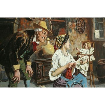 DIPINTO COPIA D'AUTORE Eugenio Zampighi SCENA DI GENERE FOCOLARE MADRE FIGLIO