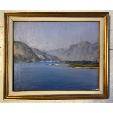 ANTICO DIPINTO OLIO TELA PAESAGGIO LACUSTRE MONTAGNE Feriolo LAGO MAGGIORE '900