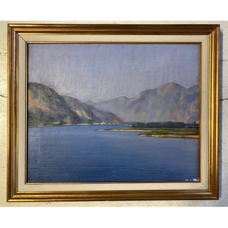 ANTICO DIPINTO OLIO TELA PAESAGGIO LACUSTRE MONTAGNE Feriolo LAGO MAGGIORE '900