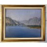 ANTICO DIPINTO OLIO TELA PAESAGGIO LACUSTRE MONTAGNE Feriolo LAGO MAGGIORE '900