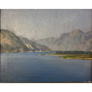 ANTICO DIPINTO OLIO TELA PAESAGGIO LACUSTRE MONTAGNE Feriolo LAGO MAGGIORE '900