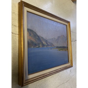 ANTICO DIPINTO OLIO TELA PAESAGGIO LACUSTRE MONTAGNE Feriolo LAGO MAGGIORE '900