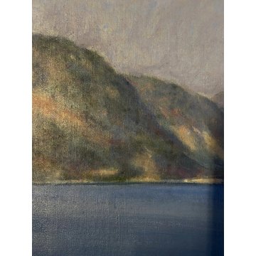 ANTICO DIPINTO OLIO TELA PAESAGGIO LACUSTRE MONTAGNE Feriolo LAGO MAGGIORE '900