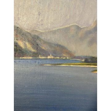 ANTICO DIPINTO OLIO TELA PAESAGGIO LACUSTRE MONTAGNE Feriolo LAGO MAGGIORE '900