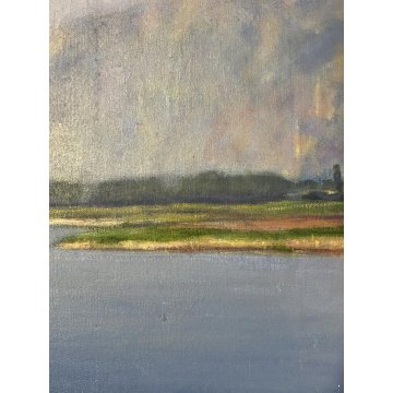 ANTICO DIPINTO OLIO TELA PAESAGGIO LACUSTRE MONTAGNE Feriolo LAGO MAGGIORE '900