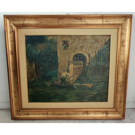 ANTICO QUADRO DIPINTO Rodolfo Paoletti 800 PAESAGGIO LAGUNA Venezia GONDOLA