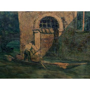 ANTICO QUADRO DIPINTO Rodolfo Paoletti 800 PAESAGGIO LAGUNA Venezia GONDOLA