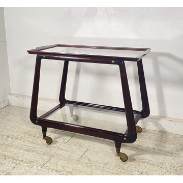 CARRELLO BAR PORTA VIVANDE ANNI 70 DESIGN MID CENTURY LEGNO VETRO VASSOIO KART