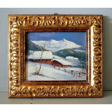 ANTICO DIPINTO OLIO TELA PAESAGGIO MONTANO ALPEGGIO NEVE BAITE CORNICE ORO '900
