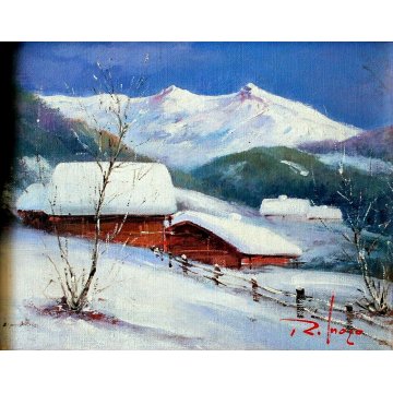 ANTICO DIPINTO OLIO TELA PAESAGGIO MONTANO ALPEGGIO NEVE BAITE CORNICE ORO '900
