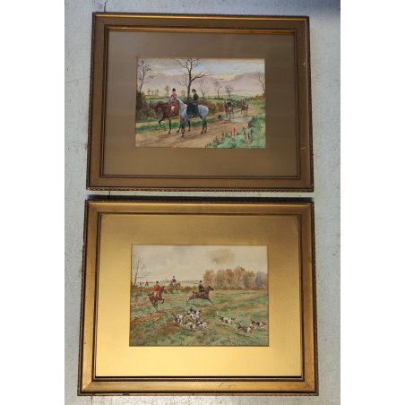 COPPIA Antico Quadro DIPINTO ACQUERELLO G. D. Rowlandson 1800 Caccia alla Volpe