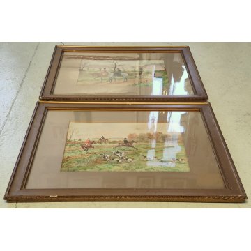 COPPIA Antico Quadro DIPINTO ACQUERELLO G. D. Rowlandson 1800 Caccia alla Volpe