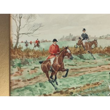 COPPIA Antico Quadro DIPINTO ACQUERELLO G. D. Rowlandson 1800 Caccia alla Volpe