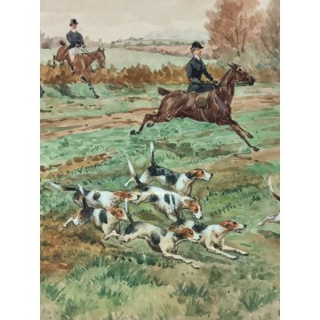 COPPIA Antico Quadro DIPINTO ACQUERELLO G. D. Rowlandson 1800 Caccia alla Volpe