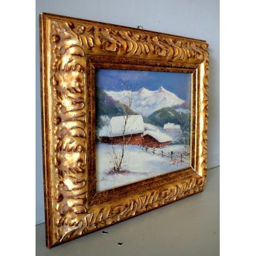 ANTICO DIPINTO OLIO TELA PAESAGGIO MONTANO ALPEGGIO NEVE BAITE CORNICE ORO '900