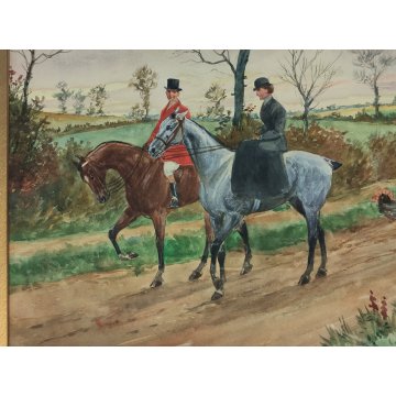 COPPIA Antico Quadro DIPINTO ACQUERELLO G. D. Rowlandson 1800 Caccia alla Volpe