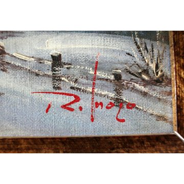 ANTICO DIPINTO OLIO TELA PAESAGGIO MONTANO ALPEGGIO NEVE BAITE CORNICE ORO '900