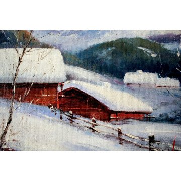 ANTICO DIPINTO OLIO TELA PAESAGGIO MONTANO ALPEGGIO NEVE BAITE CORNICE ORO '900
