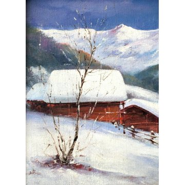 ANTICO DIPINTO OLIO TELA PAESAGGIO MONTANO ALPEGGIO NEVE BAITE CORNICE ORO '900