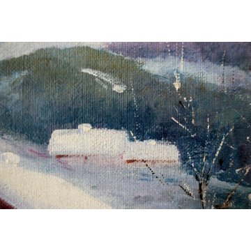 ANTICO DIPINTO OLIO TELA PAESAGGIO MONTANO ALPEGGIO NEVE BAITE CORNICE ORO '900