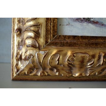 ANTICO DIPINTO OLIO TELA PAESAGGIO MONTANO ALPEGGIO NEVE BAITE CORNICE ORO '900