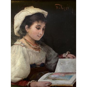 ANTICO QUADRO DIPINTO Filippo Palizzi RITRATTO GIOVANE DONNA LEGGE NAPOLI '800