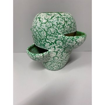 VASO CERAMICA VINTAGE ANNI '60 SMALTO VERDE BIANCO COLTIVAZIONE FRAGOLE 20cm/h